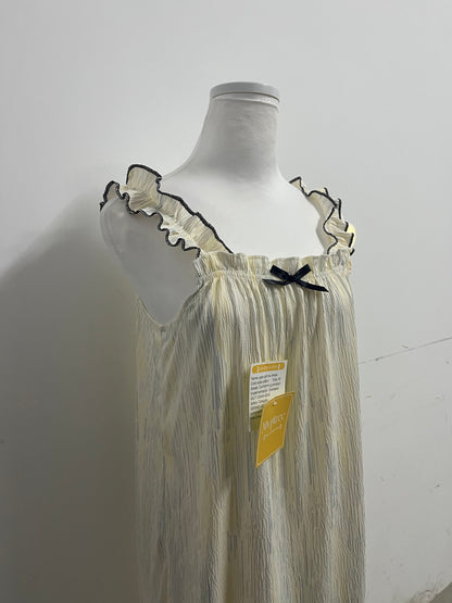 Mvptree Sleepwear - Pale Yellow Striped Nightdress with Black-Trim Ruffles for Feminine Lounge Comfort