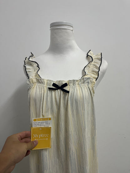 Mvptree Sleepwear - Pale Yellow Striped Nightdress with Black-Trim Ruffles for Feminine Lounge Comfort