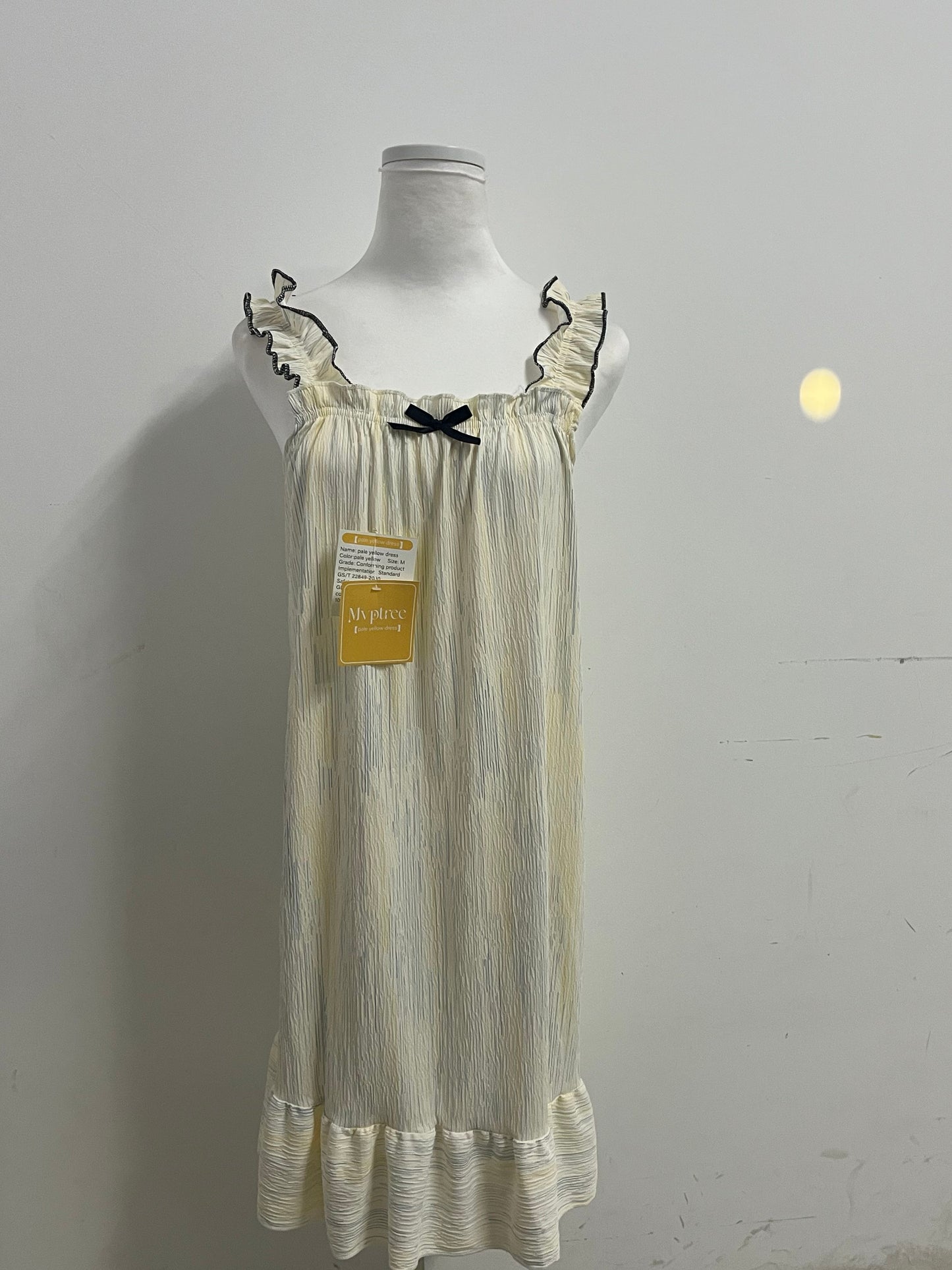 Mvptree Sleepwear - Pale Yellow Striped Nightdress with Black-Trim Ruffles for Feminine Lounge Comfort
