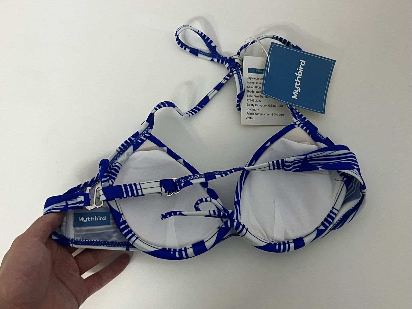 [Mythbird Bras]——Mythbird Blue & White Geometric Print Bikini Top - Halter Neck Push-Up Swimsuit