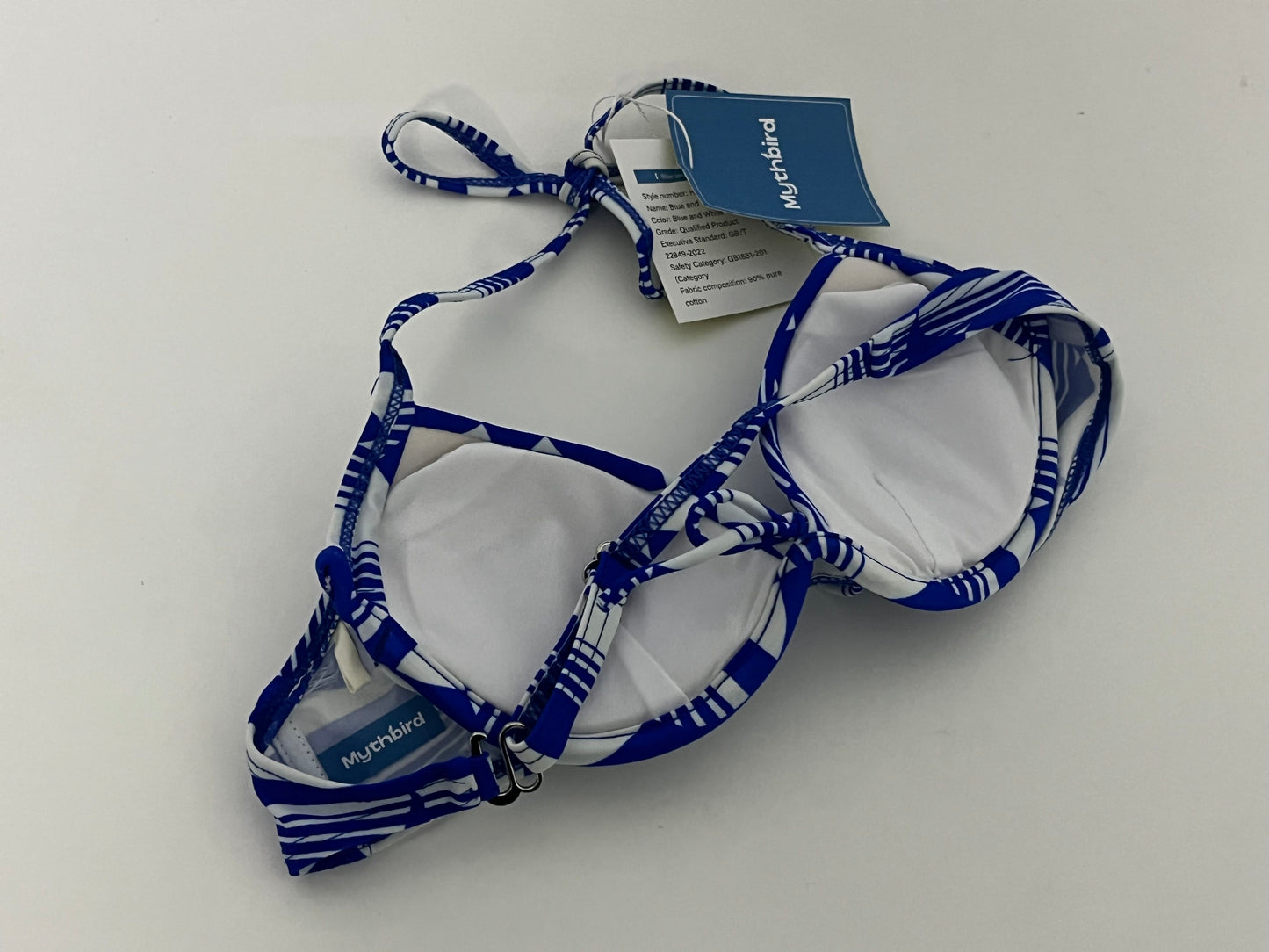 [Mythbird Bras]——Mythbird Blue & White Geometric Print Bikini Top - Halter Neck Push-Up Swimsuit
