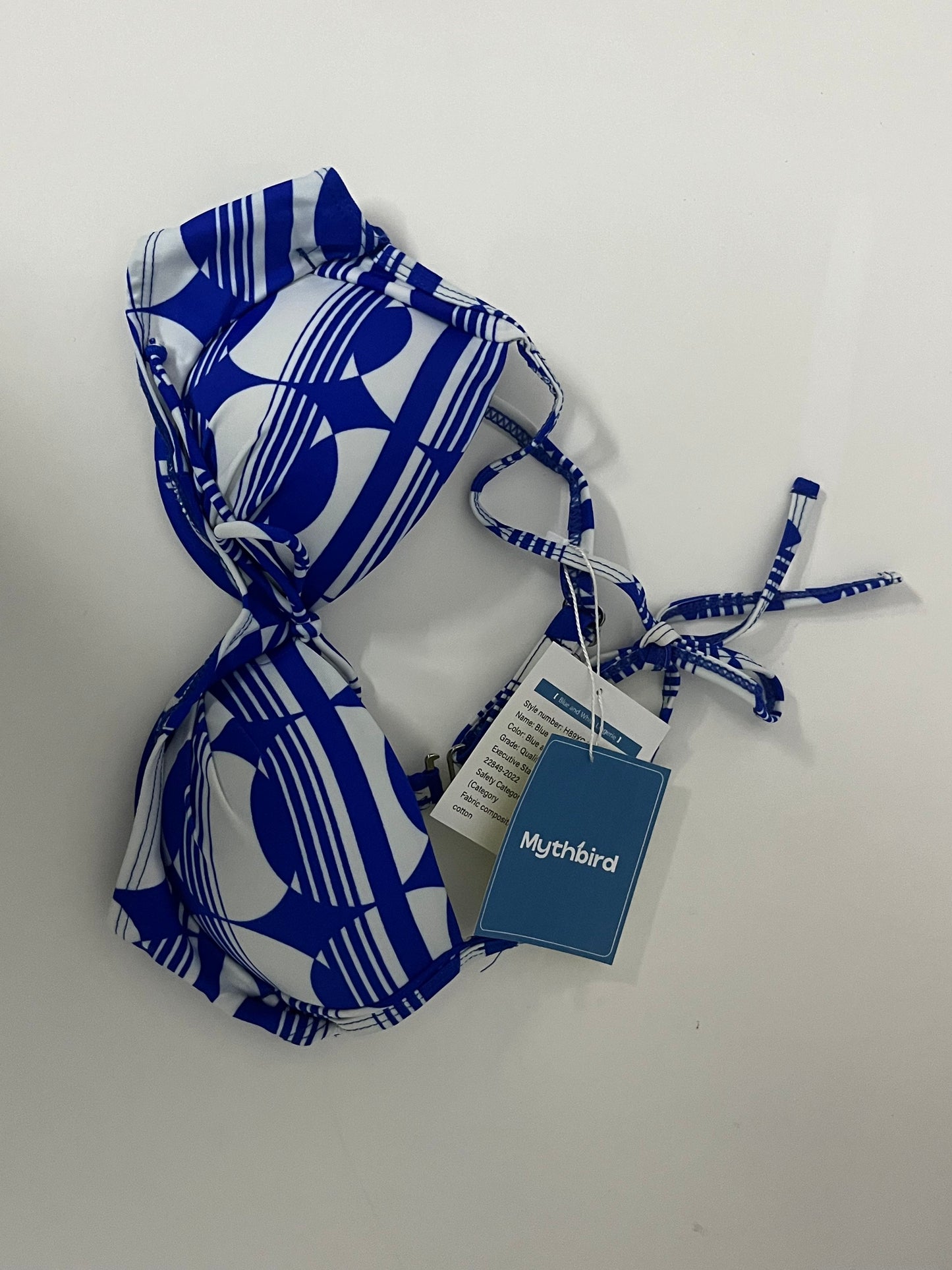 [Mythbird Bras]——Mythbird Blue & White Geometric Print Bikini Top - Halter Neck Push-Up Swimsuit