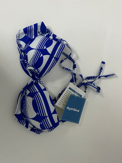 [Mythbird Bras]——Mythbird Blue & White Geometric Print Bikini Top - Halter Neck Push-Up Swimsuit