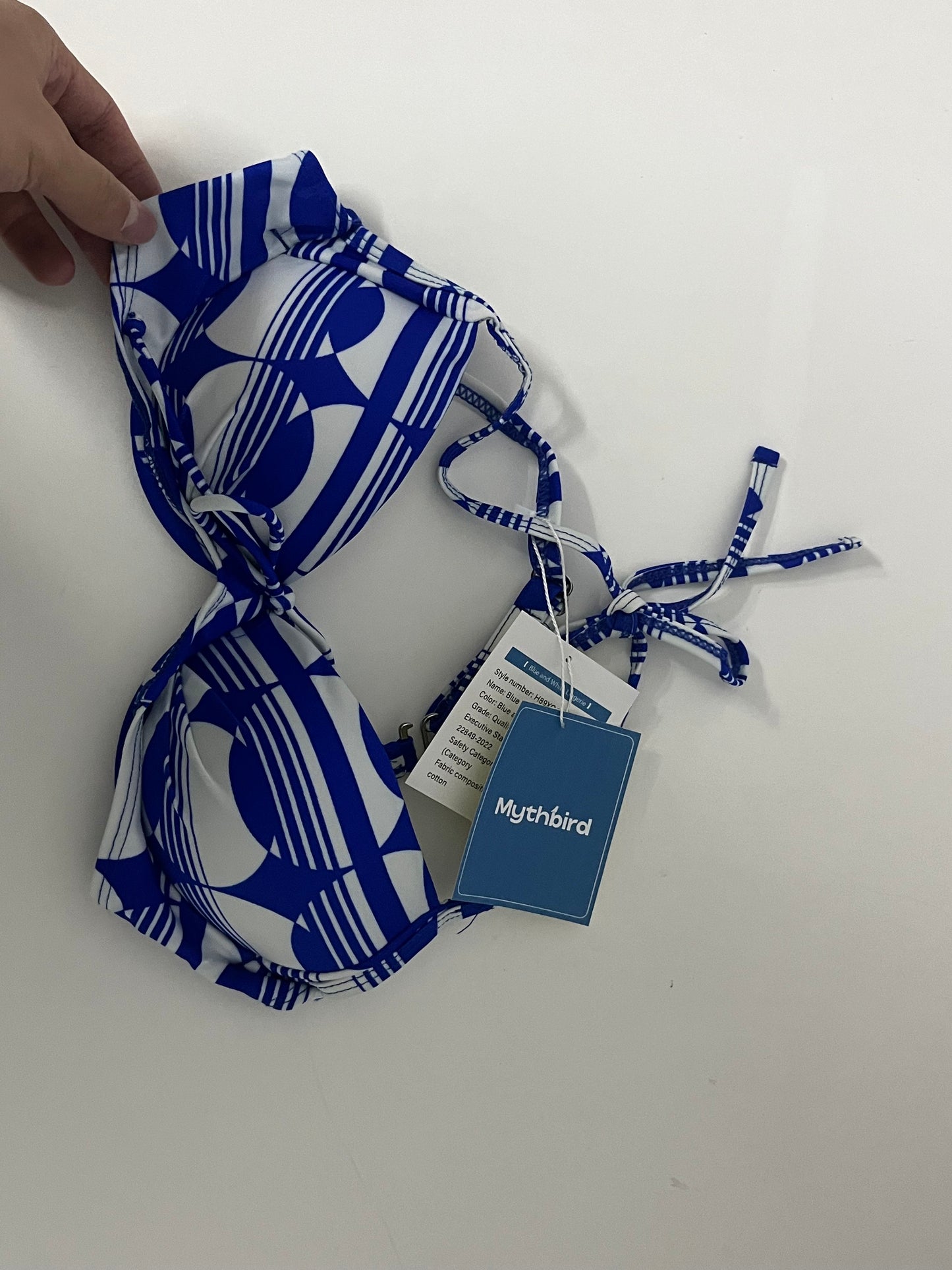 [Mythbird Bras]——Mythbird Blue & White Geometric Print Bikini Top - Halter Neck Push-Up Swimsuit