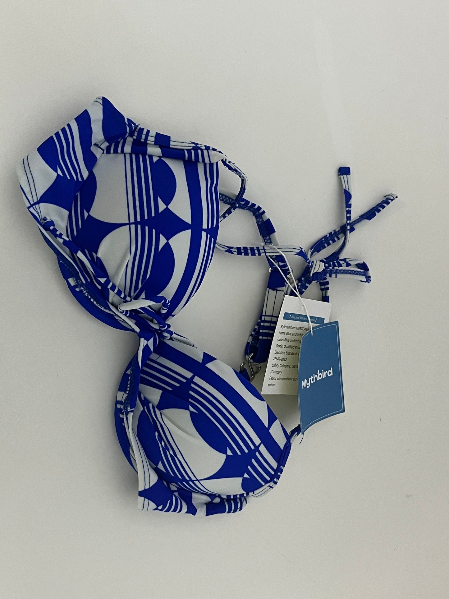[Mythbird Bras]——Mythbird Blue & White Geometric Print Bikini Top - Halter Neck Push-Up Swimsuit