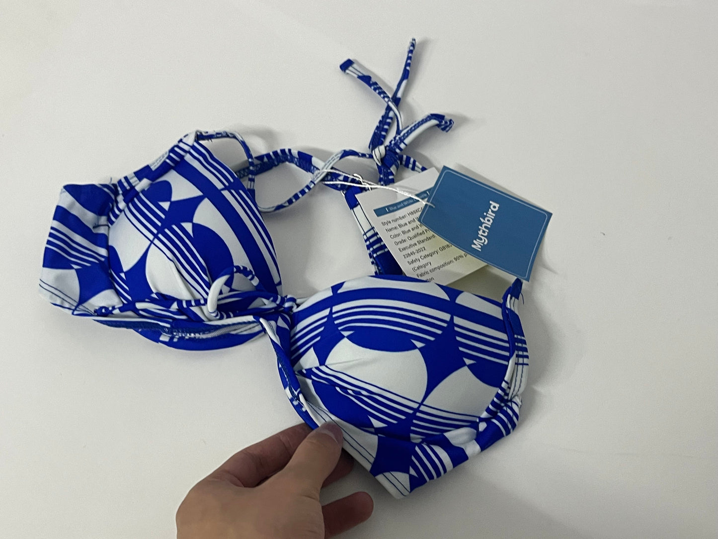 [Mythbird Bras]——Mythbird Blue & White Geometric Print Bikini Top - Halter Neck Push-Up Swimsuit