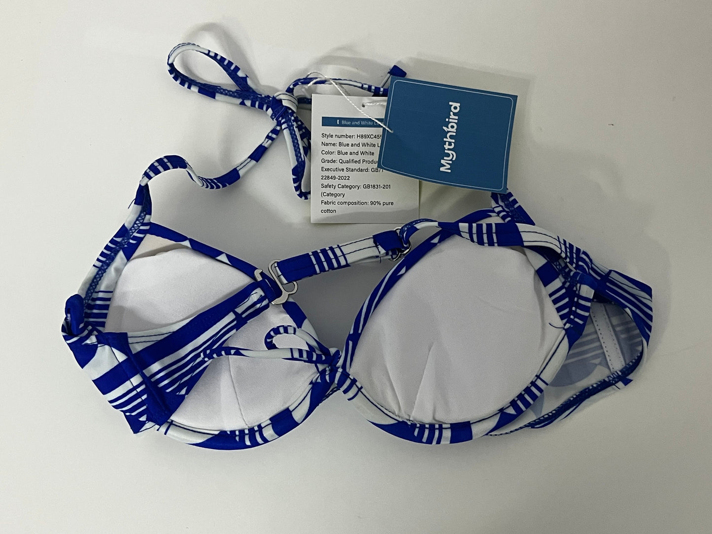 [Mythbird Bras]——Mythbird Blue & White Geometric Print Bikini Top - Halter Neck Push-Up Swimsuit