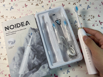 NOIDEA Simple Clean Rechargeable Electric Powered Toothbrush, Pure White with 4 Gentle Care Brush Head Automatic Pressure Sensor to Protect Gums - 3 Modes -2 Min Timer