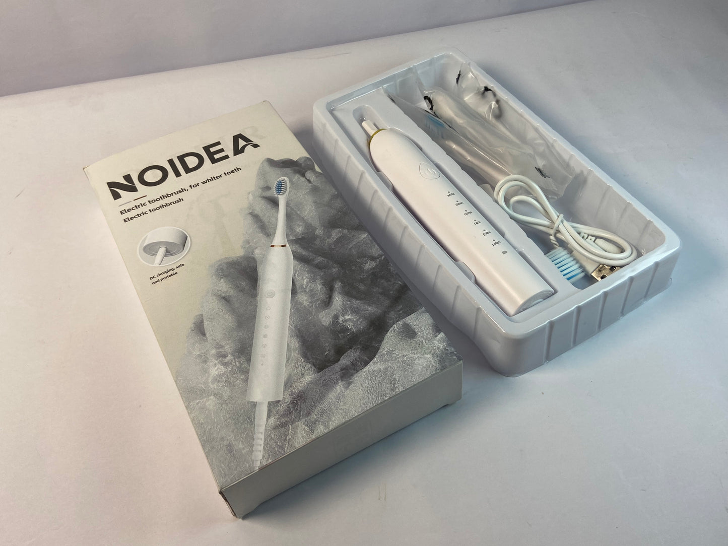 NOIDEA Simple Clean Rechargeable Electric Powered Toothbrush, Pure White with 4 Gentle Care Brush Head Automatic Pressure Sensor to Protect Gums - 3 Modes -2 Min Timer