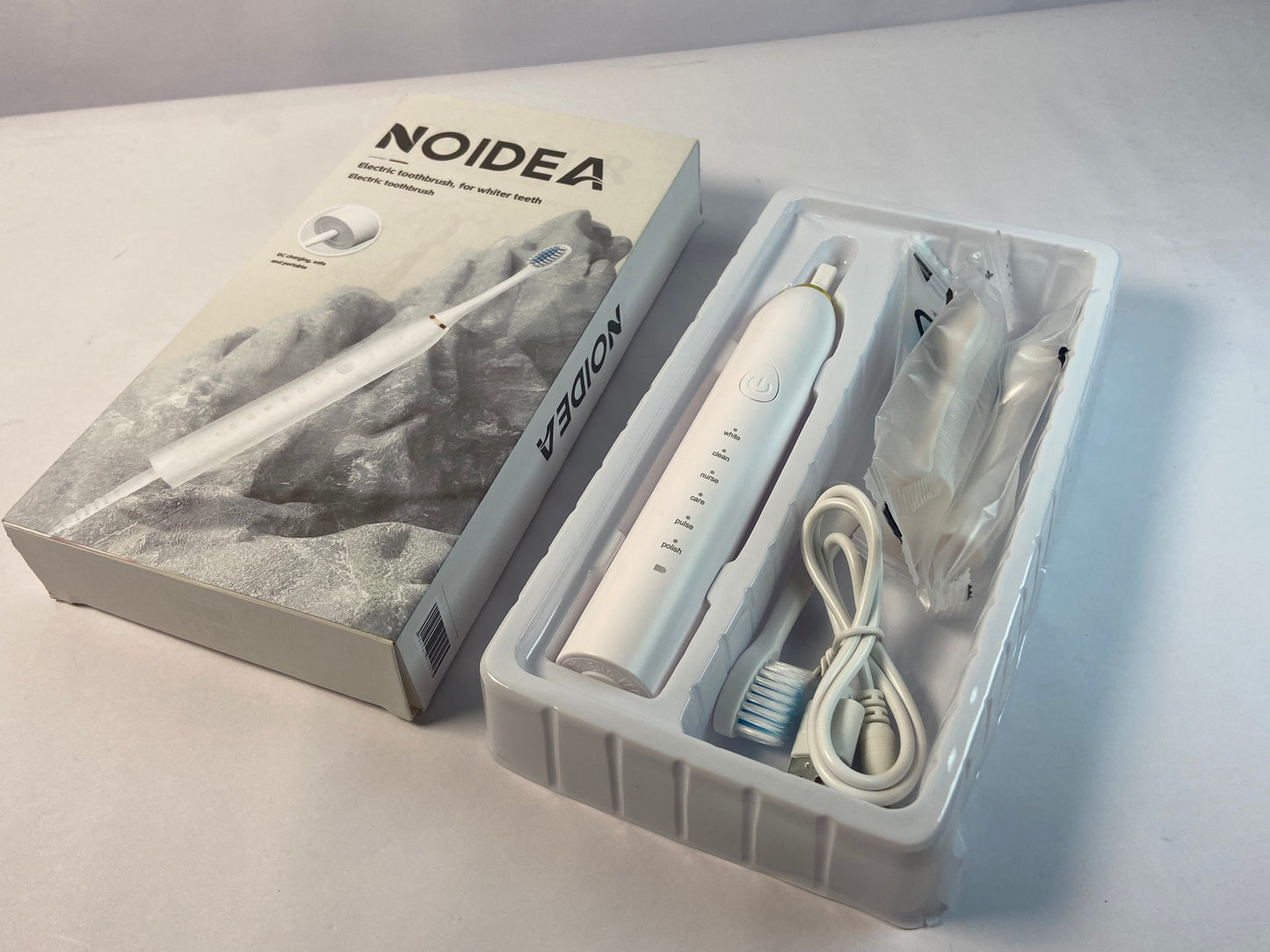 NOIDEA Simple Clean Rechargeable Electric Powered Toothbrush, Pure White with 4 Gentle Care Brush Head Automatic Pressure Sensor to Protect Gums - 3 Modes -2 Min Timer