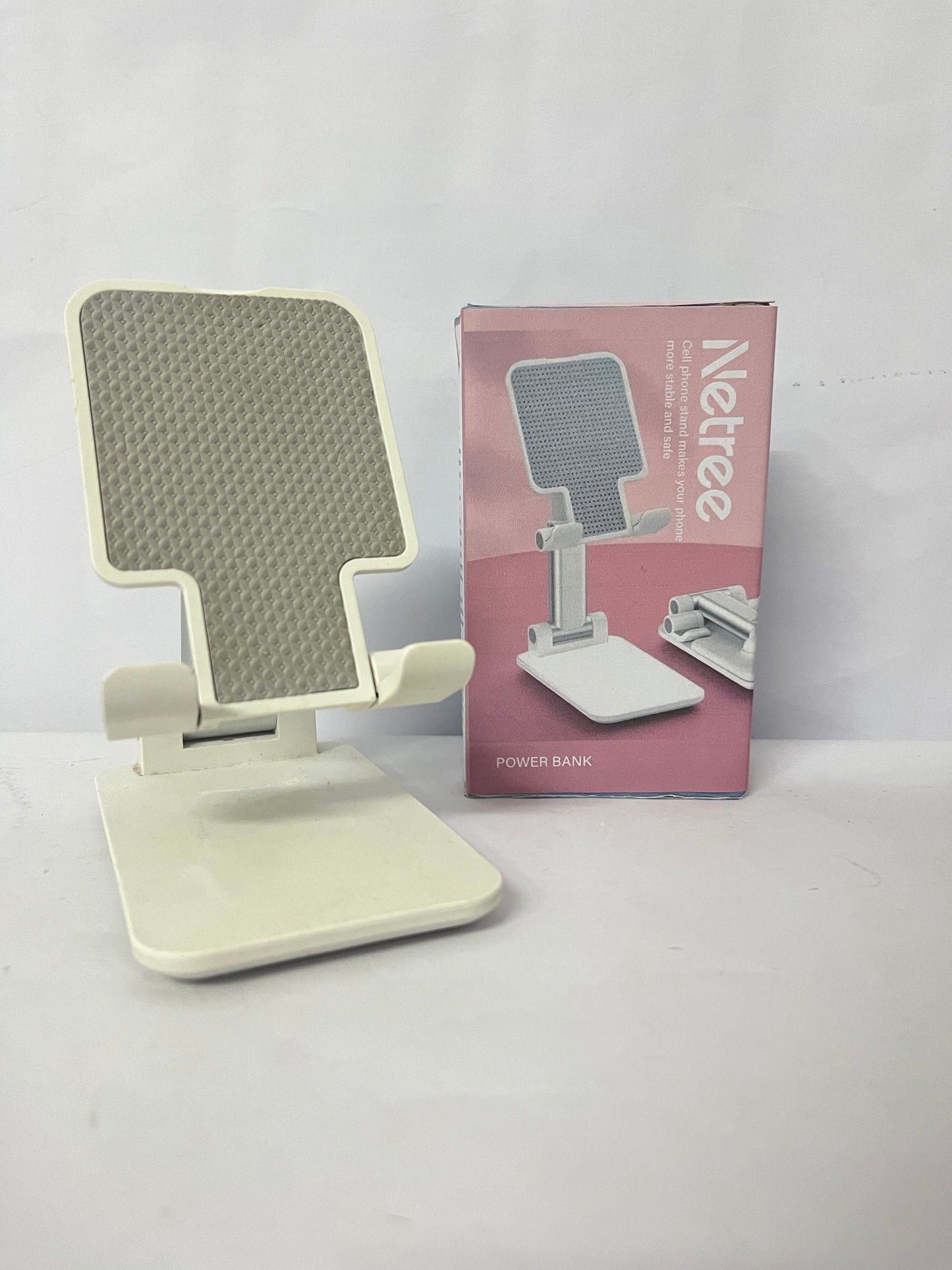 Netree Adjustable Cell Phone Stands for Desk, Aluminum Folding Phone Holder with Stable Base and Charging Port for 4-12.9 Inches Smart Phone, Tablet (White)