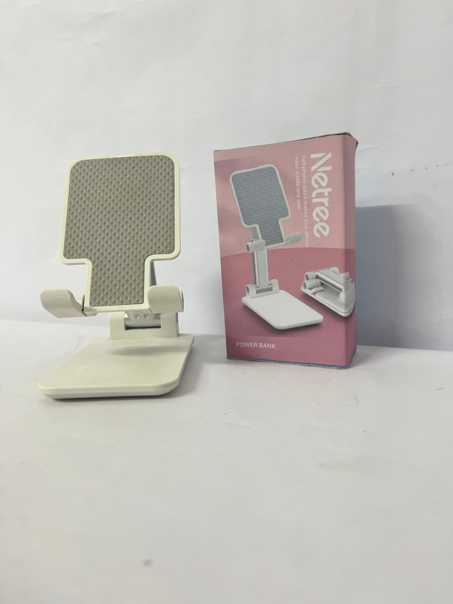 Netree Adjustable Cell Phone Stands for Desk, Aluminum Folding Phone Holder with Stable Base and Charging Port for 4-12.9 Inches Smart Phone, Tablet (White)