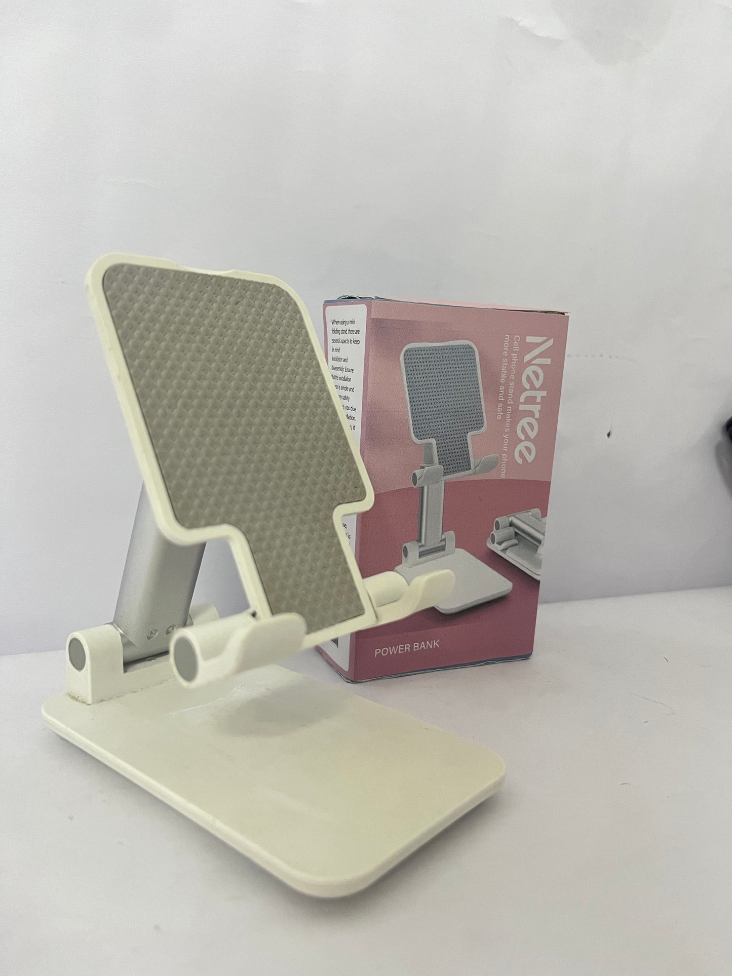 Netree Adjustable Cell Phone Stands for Desk, Aluminum Folding Phone Holder with Stable Base and Charging Port for 4-12.9 Inches Smart Phone, Tablet (White)