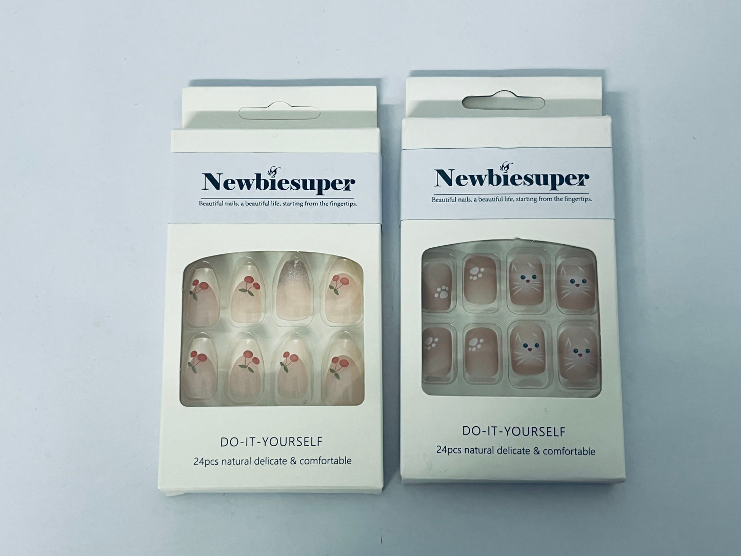 Newbiesuper 24Pcs Tips Press on Nails with Cherry and Cat Design for Women