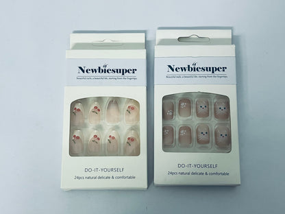 Newbiesuper 24Pcs Tips Press on Nails with Cherry and Cat Design for Women