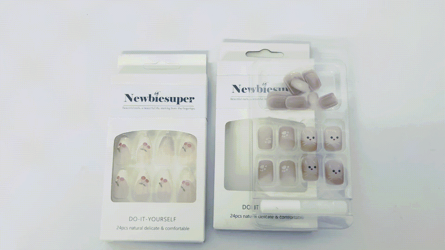 Newbiesuper 24Pcs Tips Press on Nails with Cherry and Cat Design for Women