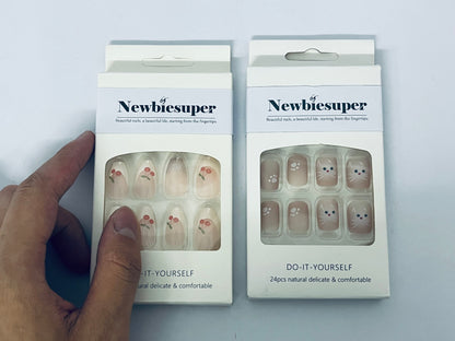Newbiesuper 24Pcs Tips Press on Nails with Cherry and Cat Design for Women