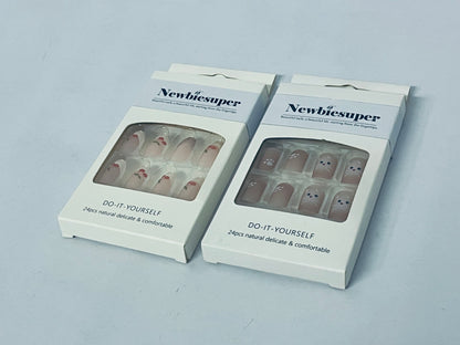 Newbiesuper 24Pcs Tips Press on Nails with Cherry and Cat Design for Women