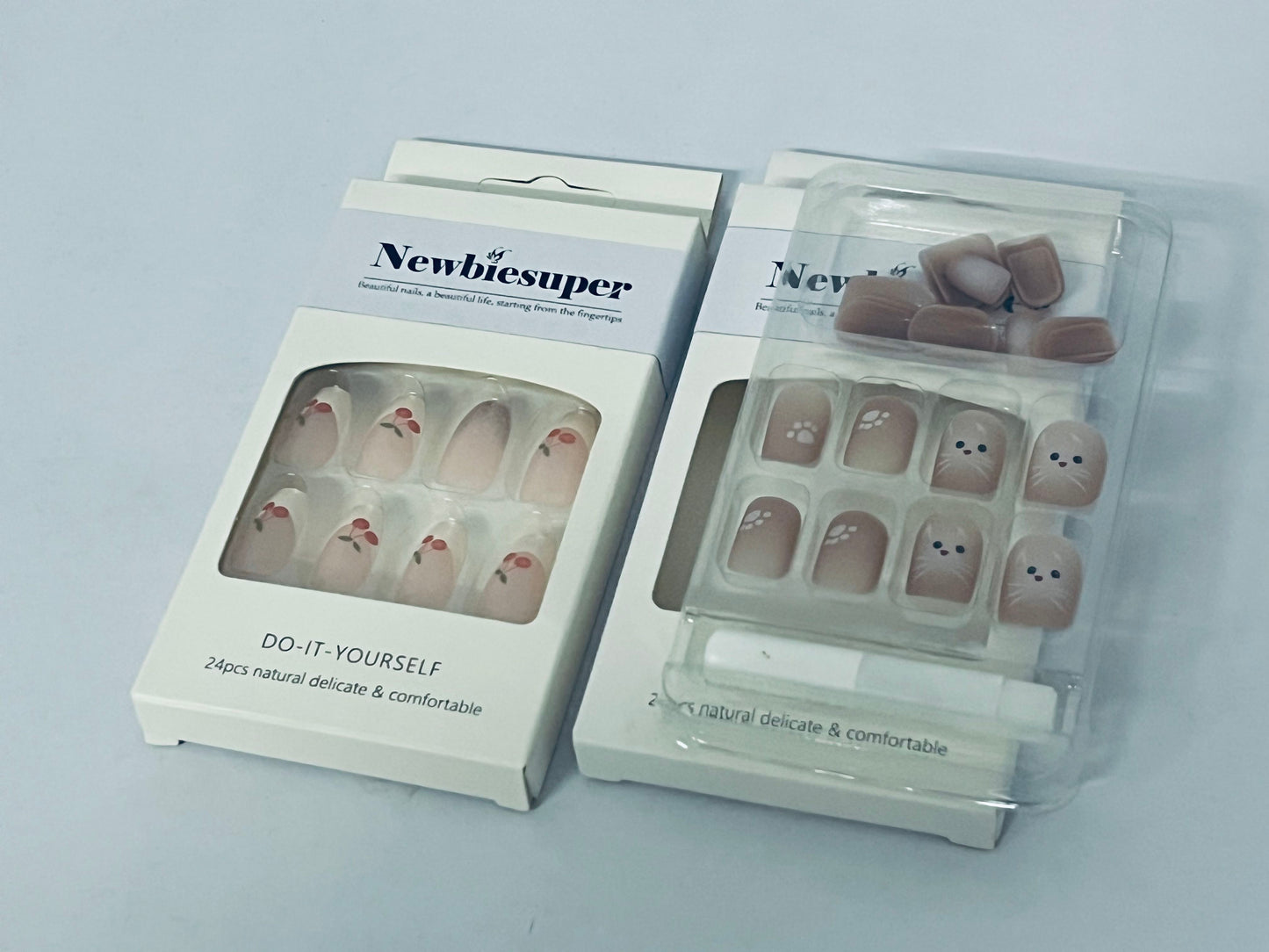Newbiesuper 24Pcs Tips Press on Nails with Cherry and Cat Design for Women