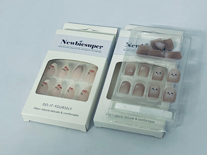 Newbiesuper 24Pcs Tips Press on Nails with Cherry and Cat Design for Women