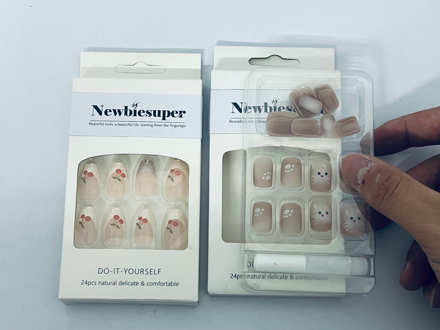 Newbiesuper 24Pcs Tips Press on Nails with Cherry and Cat Design for Women