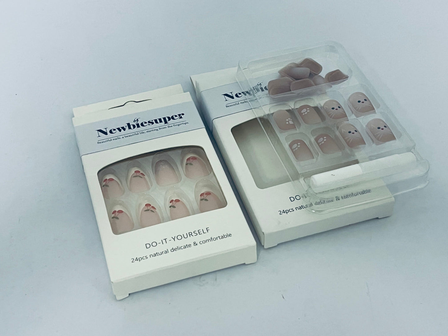 Newbiesuper 24Pcs Tips Press on Nails with Cherry and Cat Design for Women