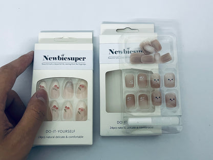 Newbiesuper 24Pcs Tips Press on Nails with Cherry and Cat Design for Women