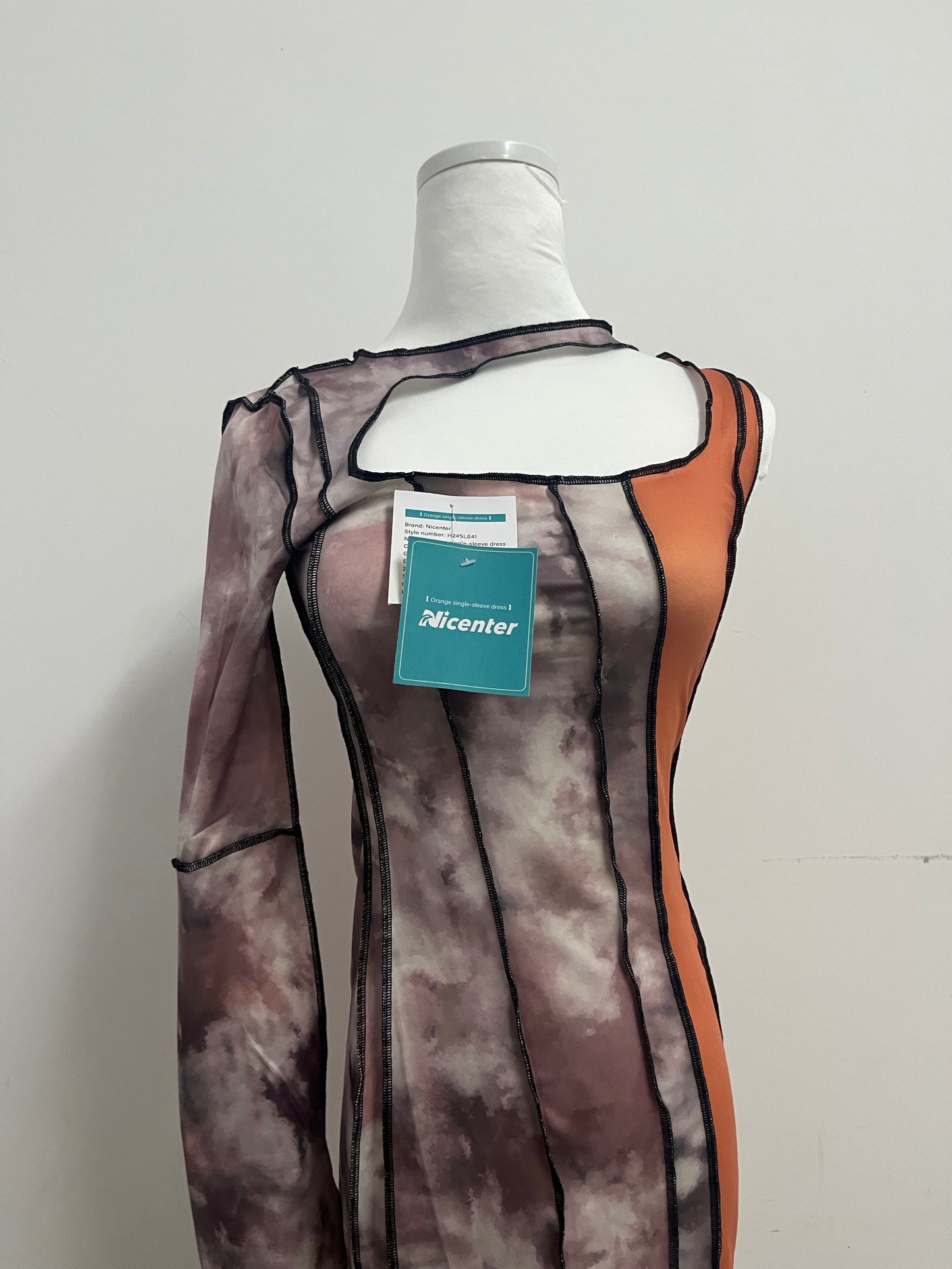 Nicenter Tie-Dye Patchwork One-Sleeve Dress Unlock Personalized Outfits, Highlight Unique Fashion Attitude