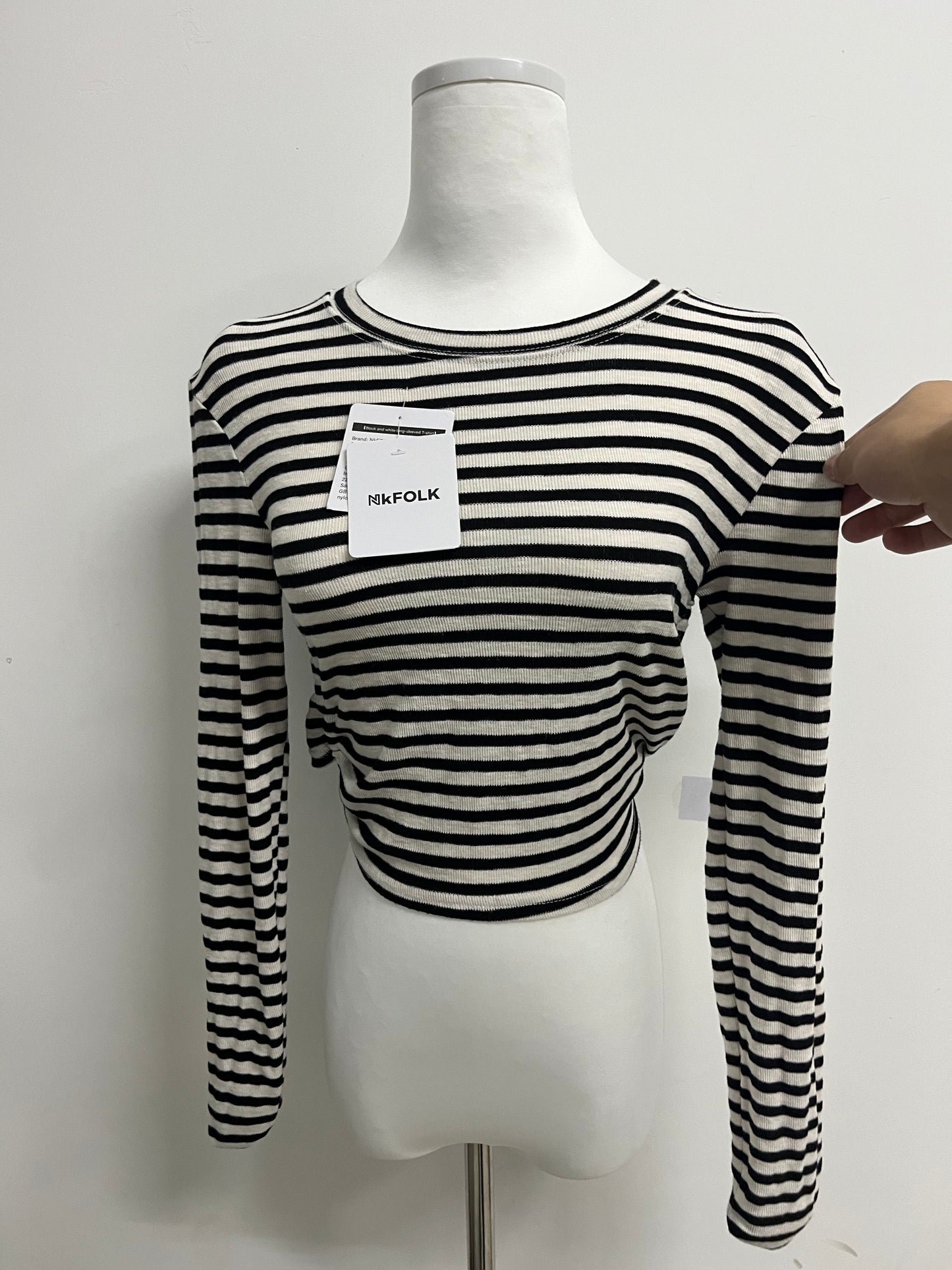 NkFOLK Womens Striped Long Sleeve Crop Top Crewneck Basic Fitted T Shirts