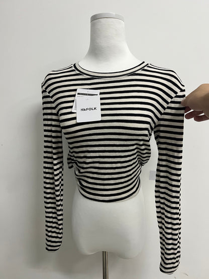 NkFOLK Womens Striped Long Sleeve Crop Top Crewneck Basic Fitted T Shirts