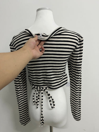 NkFOLK Womens Striped Long Sleeve Crop Top Crewneck Basic Fitted T Shirts