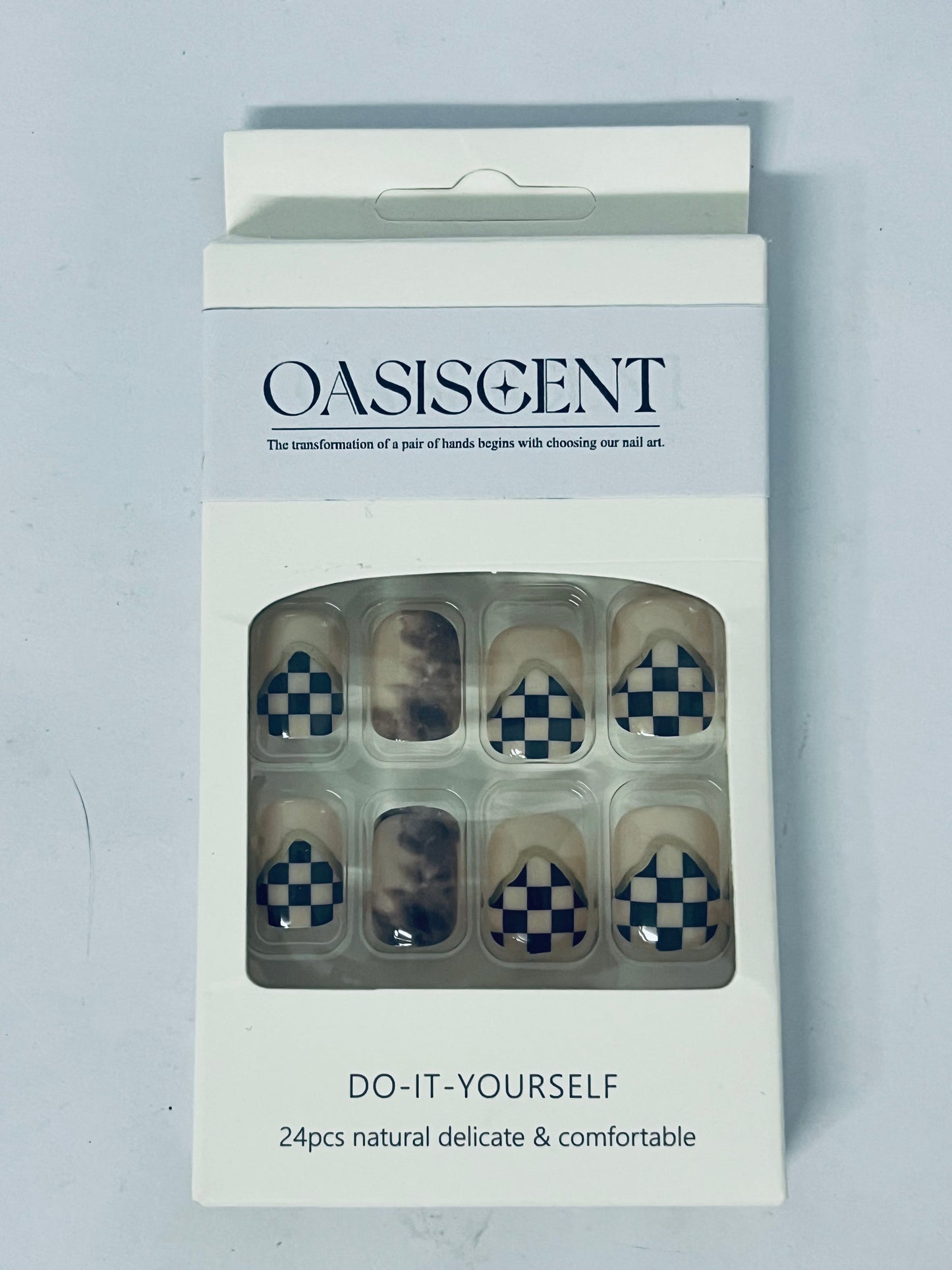 OASISCENT 24Pcs Full Cover Reusable False Nails Kits, Press on Nails Coffin Shape, Stick on Finger Nails with Designs, Glue on Nails Short Square