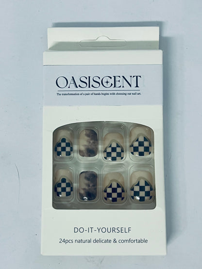 OASISCENT 24Pcs Full Cover Reusable False Nails Kits, Press on Nails Coffin Shape, Stick on Finger Nails with Designs, Glue on Nails Short Square