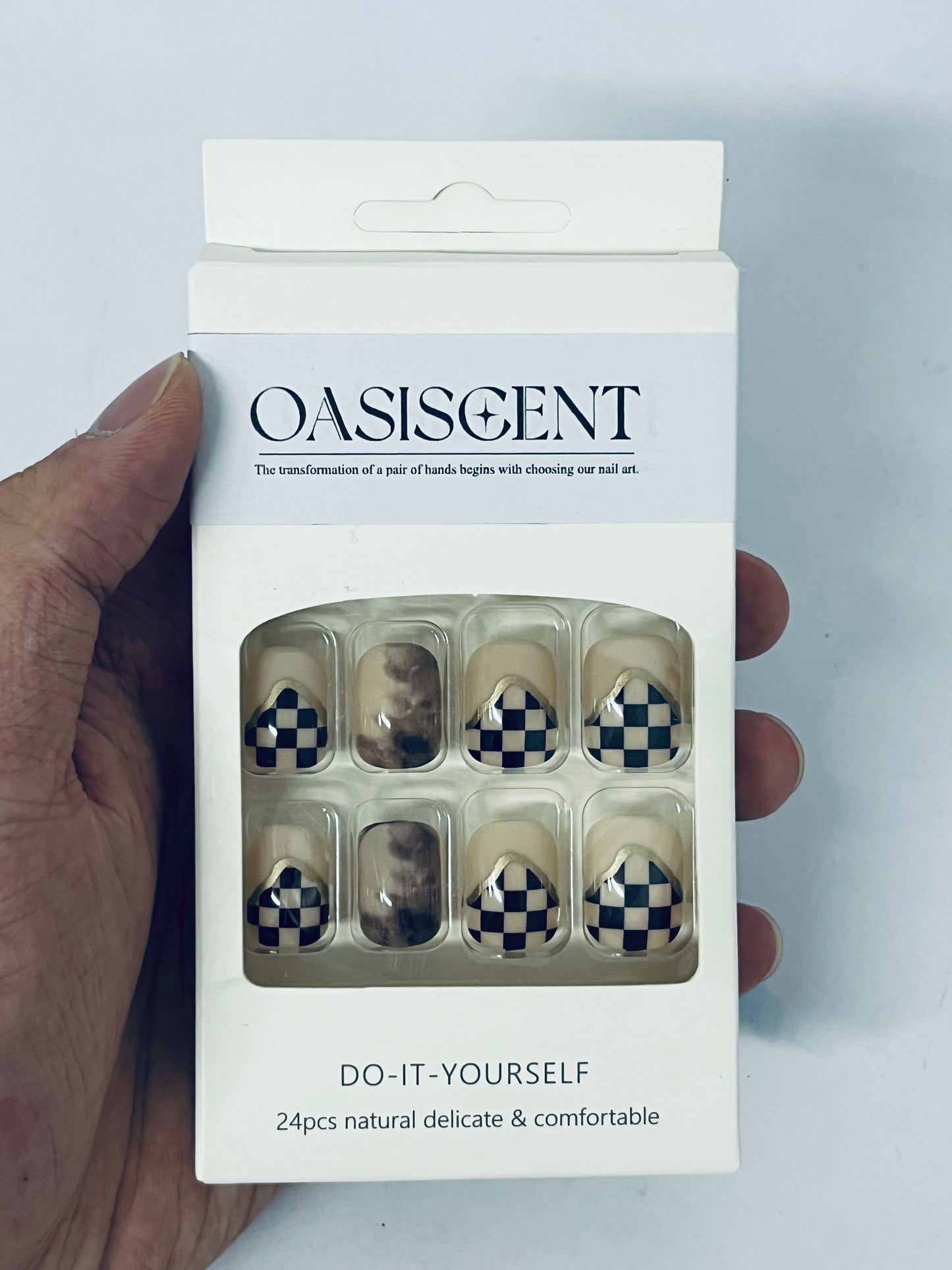 OASISCENT 24Pcs Full Cover Reusable False Nails Kits, Press on Nails Coffin Shape, Stick on Finger Nails with Designs, Glue on Nails Short Square