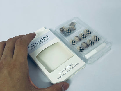 OASISCENT 24Pcs Full Cover Reusable False Nails Kits, Press on Nails Coffin Shape, Stick on Finger Nails with Designs, Glue on Nails Short Square