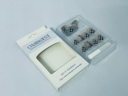 OASISCENT 24Pcs Full Cover Reusable False Nails Kits, Press on Nails Coffin Shape, Stick on Finger Nails with Designs, Glue on Nails Short Square