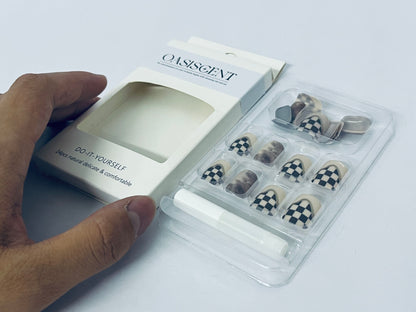 OASISCENT 24Pcs Full Cover Reusable False Nails Kits, Press on Nails Coffin Shape, Stick on Finger Nails with Designs, Glue on Nails Short Square