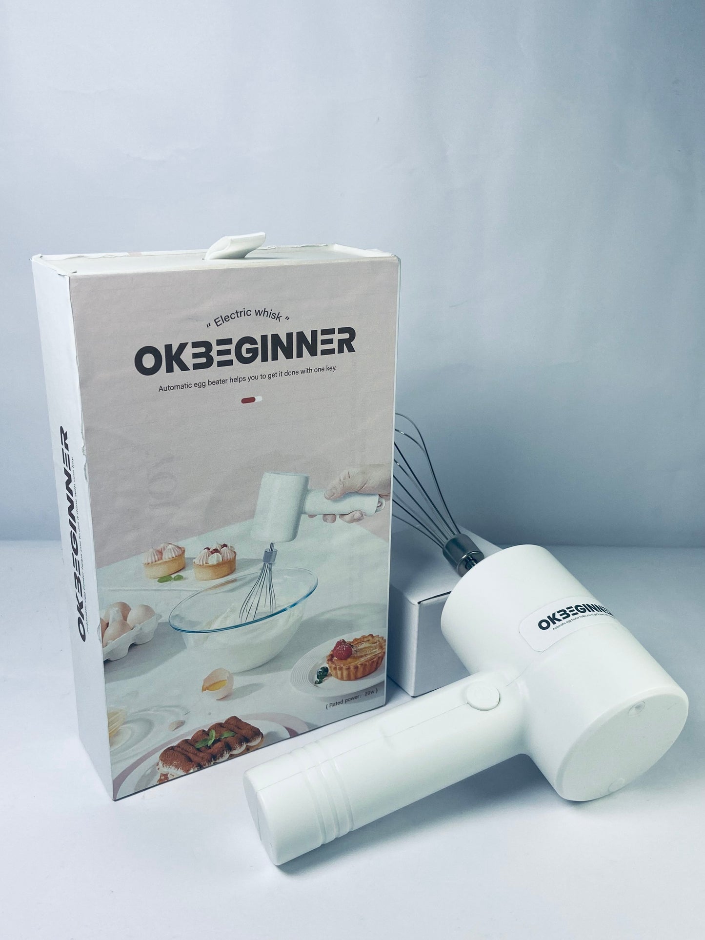 OKBEGINNER Electric egg beaters Cordless Hand Mixer, Handheld Electric Whisk with 3 Speed Modes, Hand Held Egg Beater with 2 Detachable Stir Whisks (White)