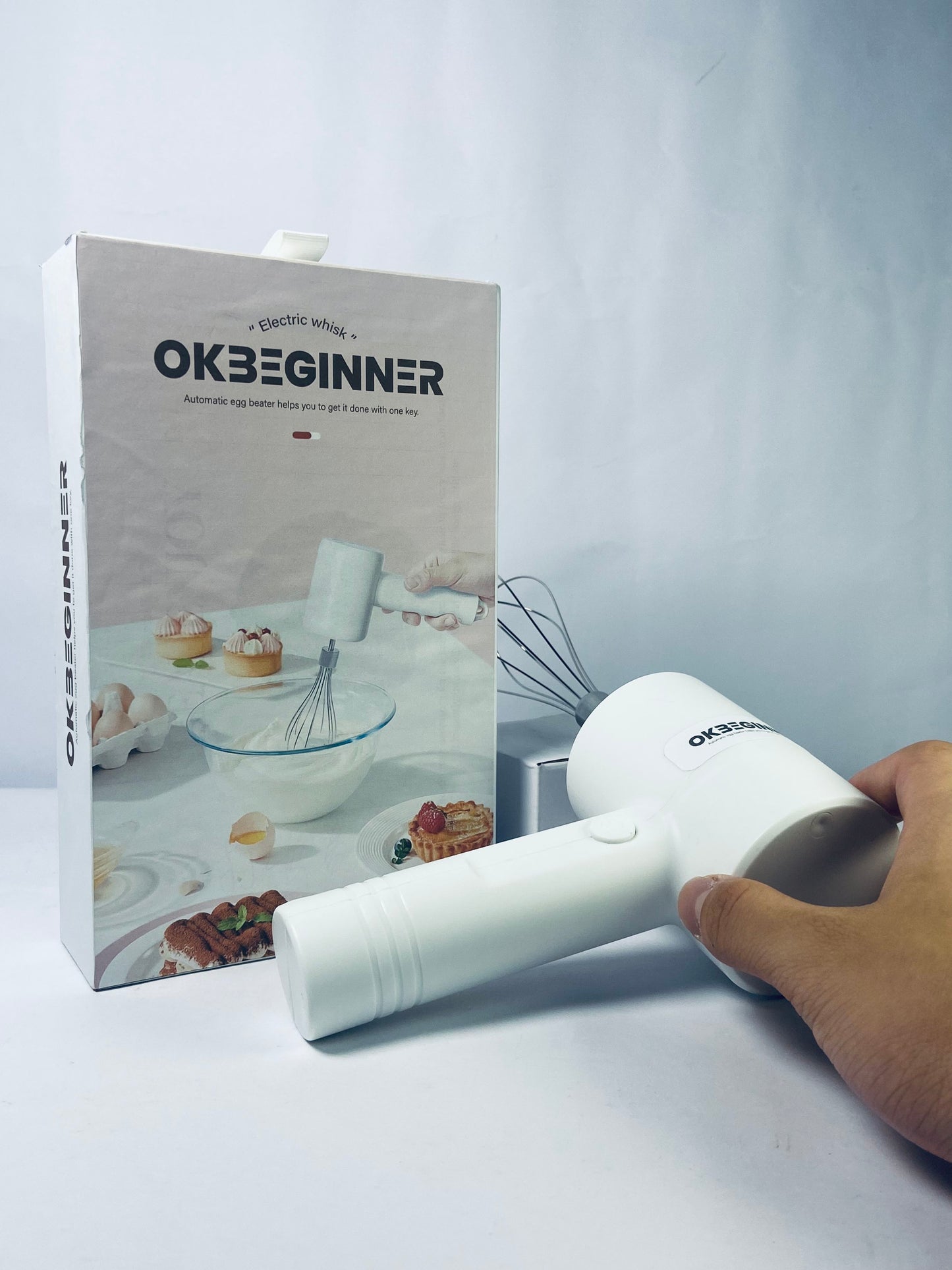 OKBEGINNER Electric egg beaters Cordless Hand Mixer, Handheld Electric Whisk with 3 Speed Modes, Hand Held Egg Beater with 2 Detachable Stir Whisks (White)