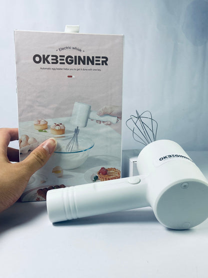 OKBEGINNER Electric egg beaters Cordless Hand Mixer, Handheld Electric Whisk with 3 Speed Modes, Hand Held Egg Beater with 2 Detachable Stir Whisks (White)