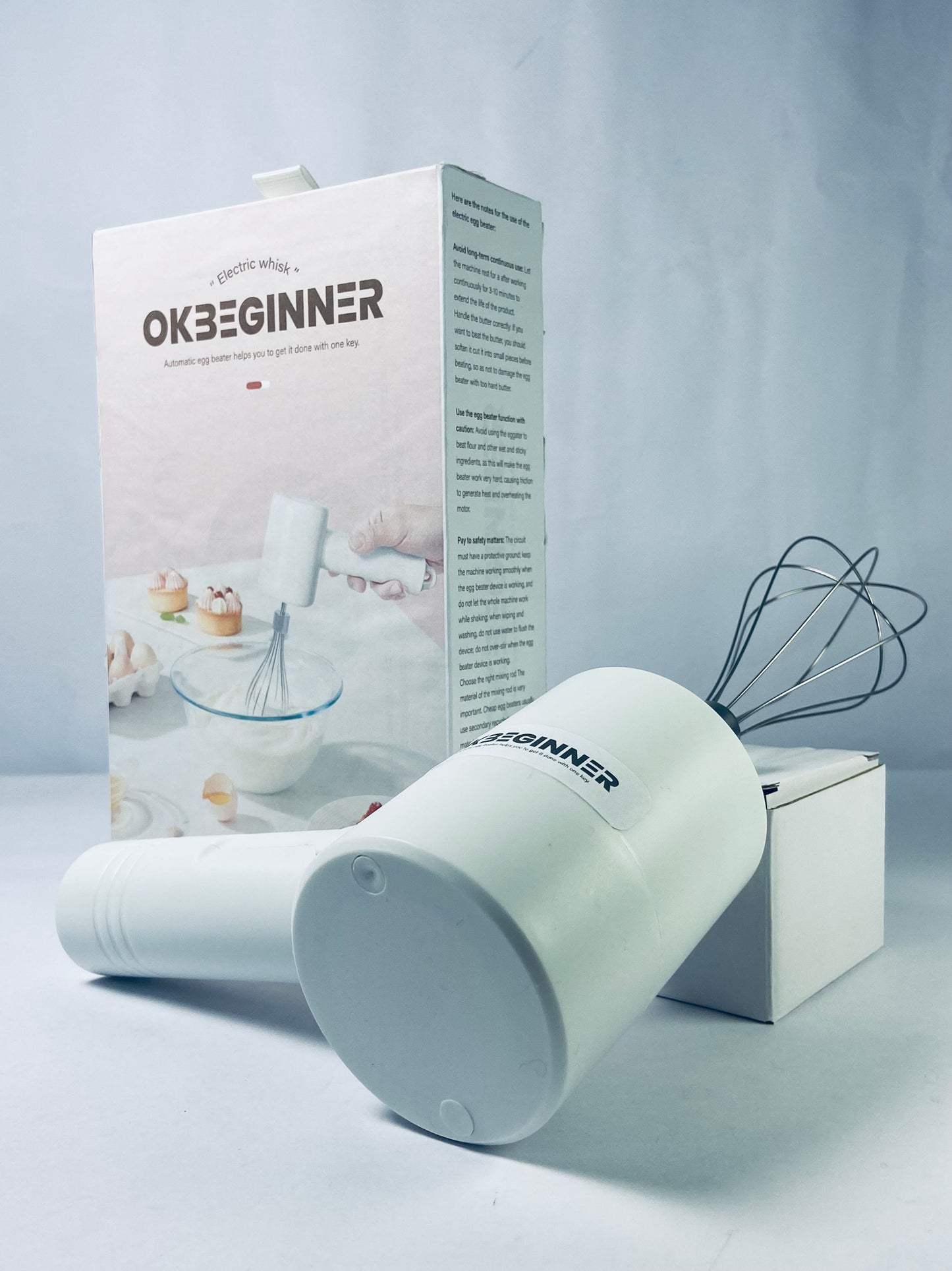 OKBEGINNER Electric egg beaters Cordless Hand Mixer, Handheld Electric Whisk with 3 Speed Modes, Hand Held Egg Beater with 2 Detachable Stir Whisks (White)