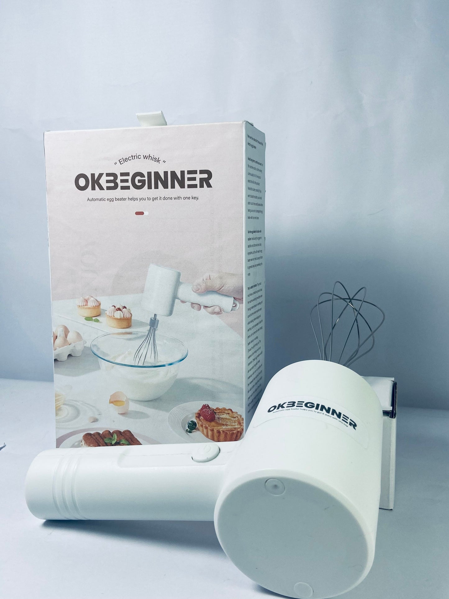 OKBEGINNER Electric egg beaters Cordless Hand Mixer, Handheld Electric Whisk with 3 Speed Modes, Hand Held Egg Beater with 2 Detachable Stir Whisks (White)