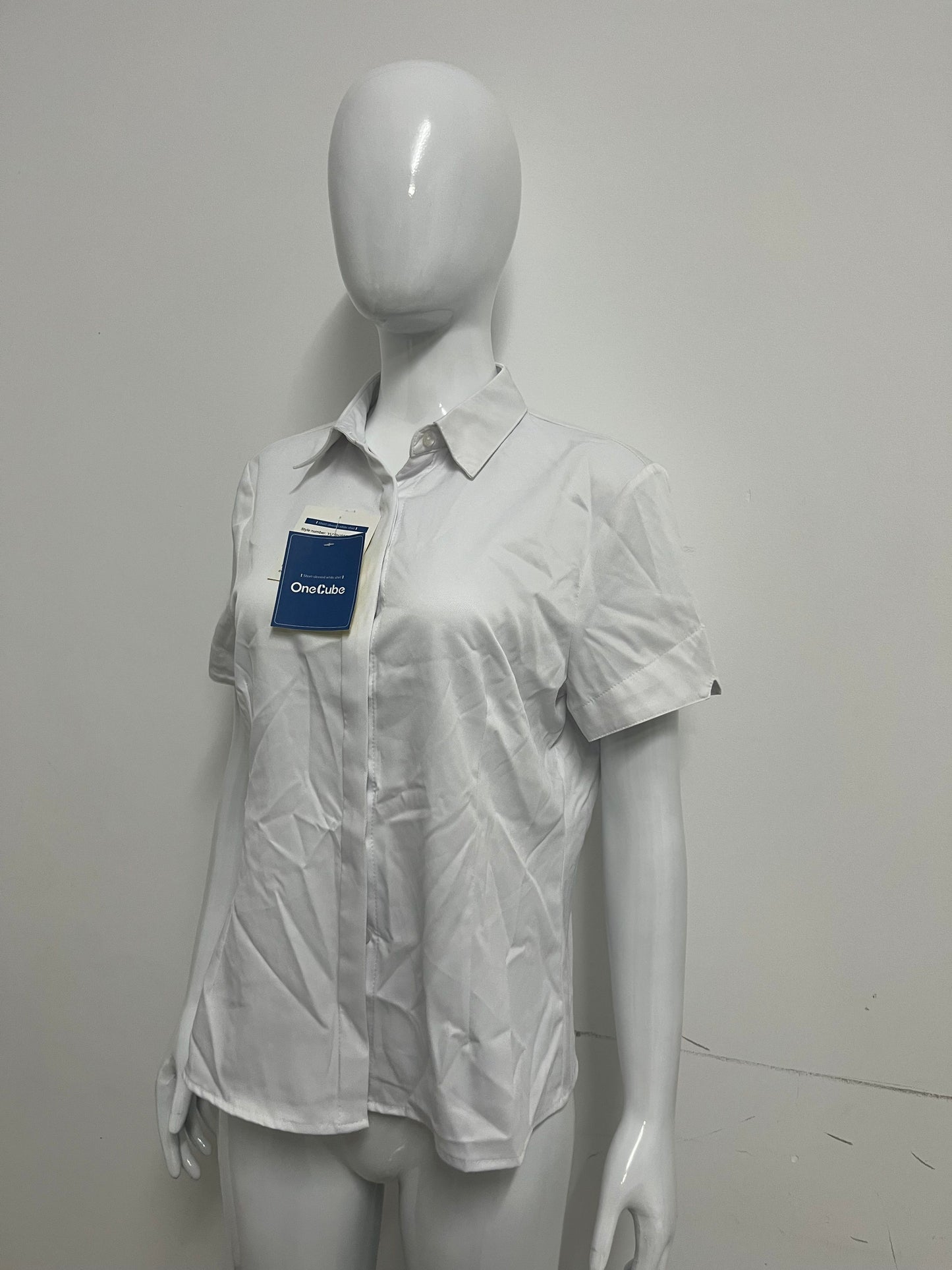 [OneCube Chemises]-White Short-Sleeve Button-Down Shirt - Slim-Fit Wrinkle-Resistant Blouse