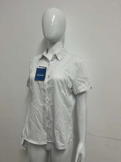 [OneCube Chemises]-White Short-Sleeve Button-Down Shirt - Slim-Fit Wrinkle-Resistant Blouse