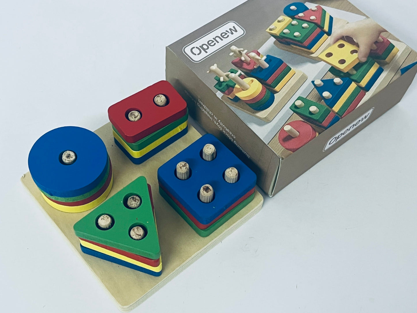 Openew Practical Life/Sensory Geometric Column Colors & Shapes Puzzles Stacking Tower: Wooden Blocks 1-2Years Old Toddlers Color Recognition Toy