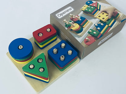 Openew Practical Life/Sensory Geometric Column Colors & Shapes Puzzles Stacking Tower: Wooden Blocks 1-2Years Old Toddlers Color Recognition Toy