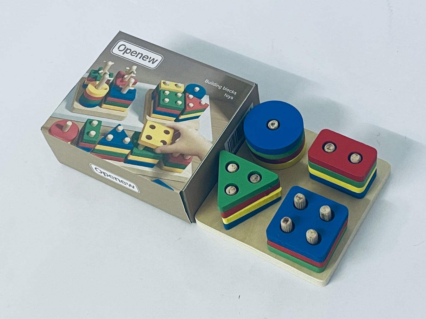 Openew Practical Life/Sensory Geometric Column Colors & Shapes Puzzles Stacking Tower: Wooden Blocks 1-2Years Old Toddlers Color Recognition Toy
