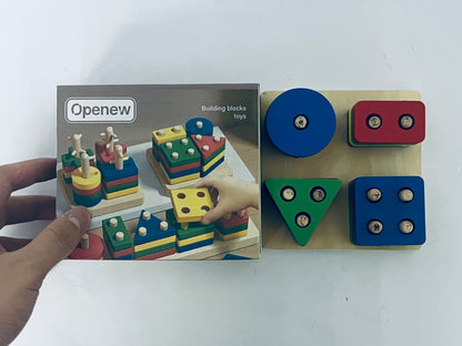 Openew Practical Life/Sensory Geometric Column Colors & Shapes Puzzles Stacking Tower: Wooden Blocks 1-2Years Old Toddlers Color Recognition Toy