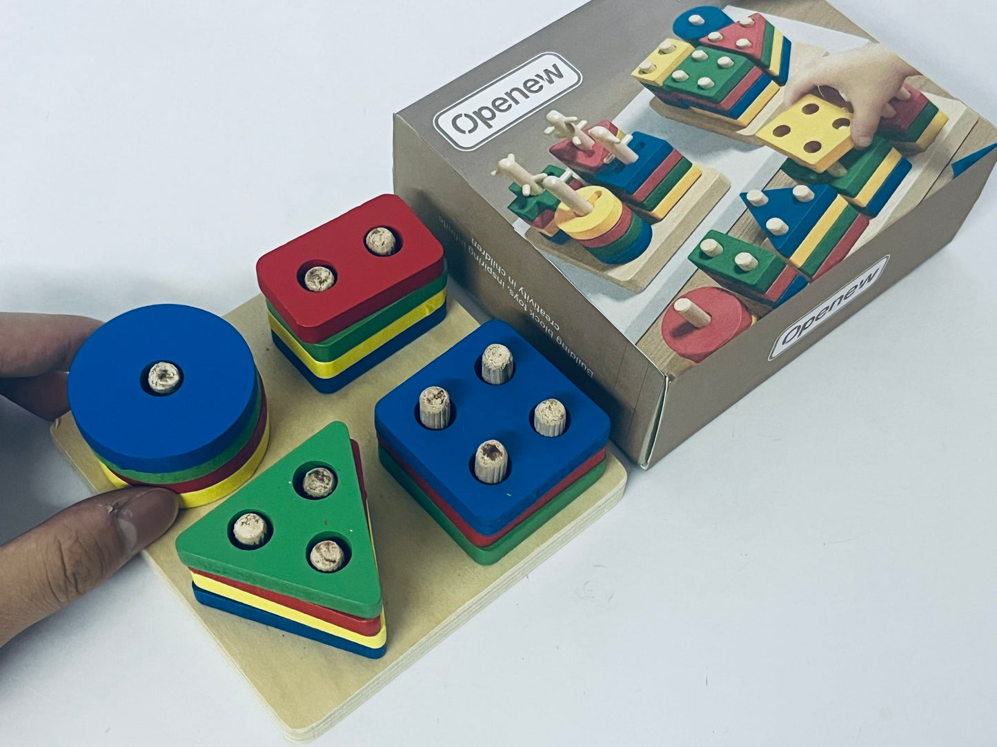 Openew Practical Life/Sensory Geometric Column Colors & Shapes Puzzles Stacking Tower: Wooden Blocks 1-2Years Old Toddlers Color Recognition Toy