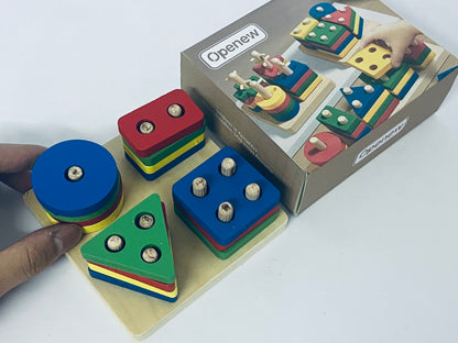 Openew Practical Life/Sensory Geometric Column Colors & Shapes Puzzles Stacking Tower: Wooden Blocks 1-2Years Old Toddlers Color Recognition Toy